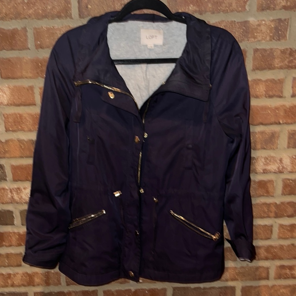 LOFT Blue Utility Jacket with Gold Zipper and Structured Design